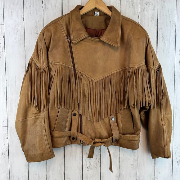 Vintage Jackets & Blazers - VTG Liz Phillips Brown Leather Western Fringe Asymmetric Zip Jacket Size Medium